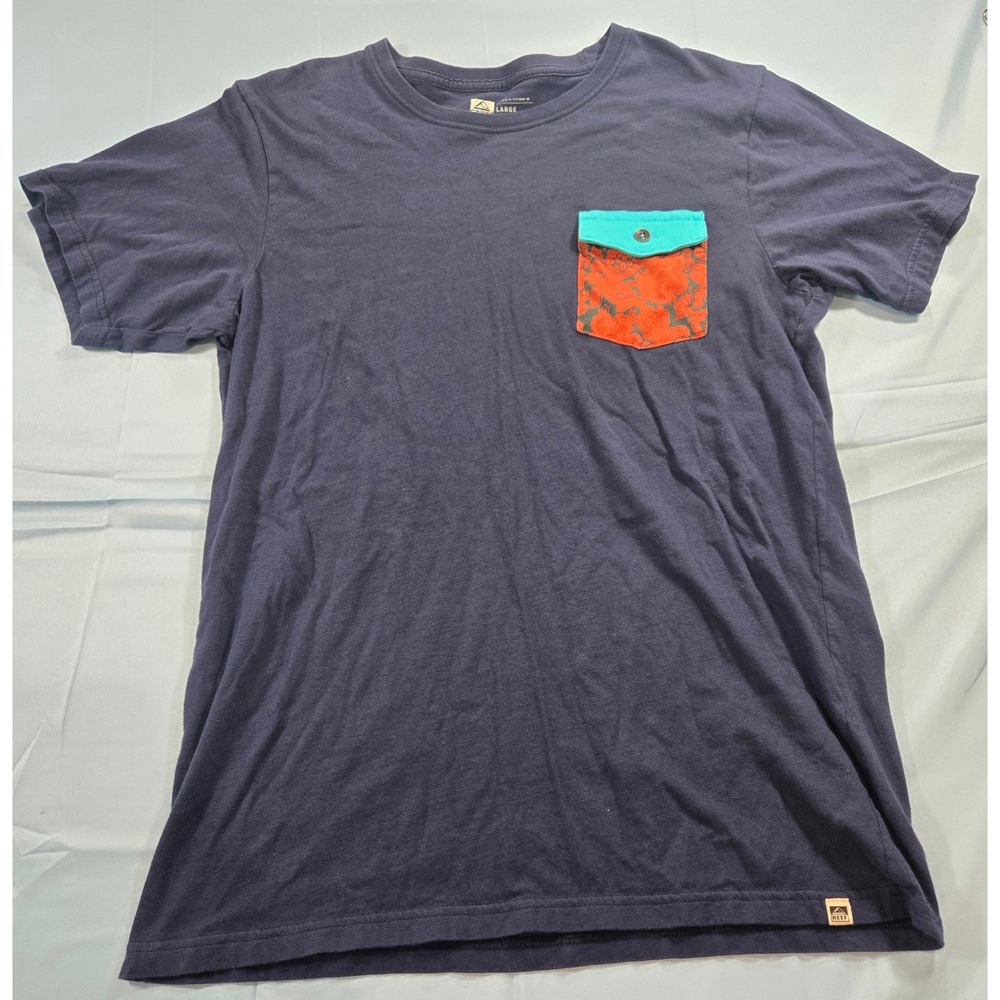 Reef Mens Navy Blue Short Sleeve Floral Contrast Flap Pocket T-Shirt Large